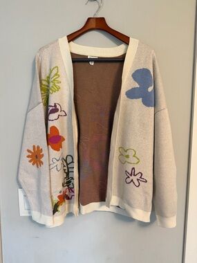 Cream Floral Embroidered Open Cardigan Sweater